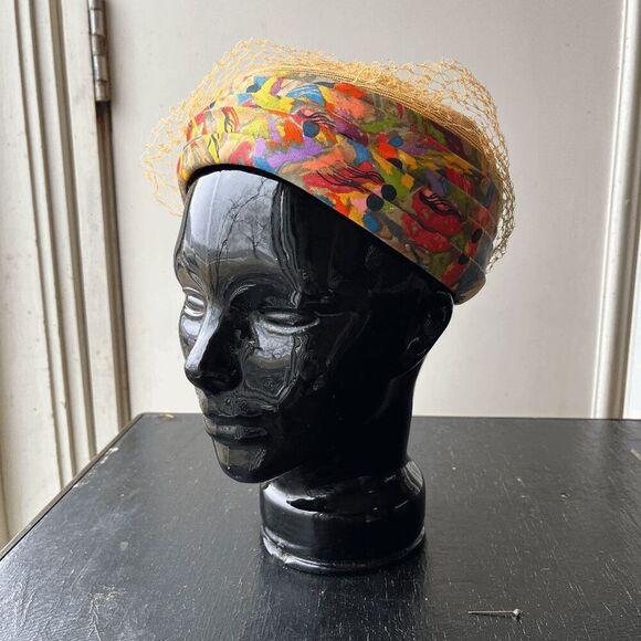 VTG 50s Straw Kentucky Derby Hat Colorful Pleated Band Net Veil Pillbox main image 5